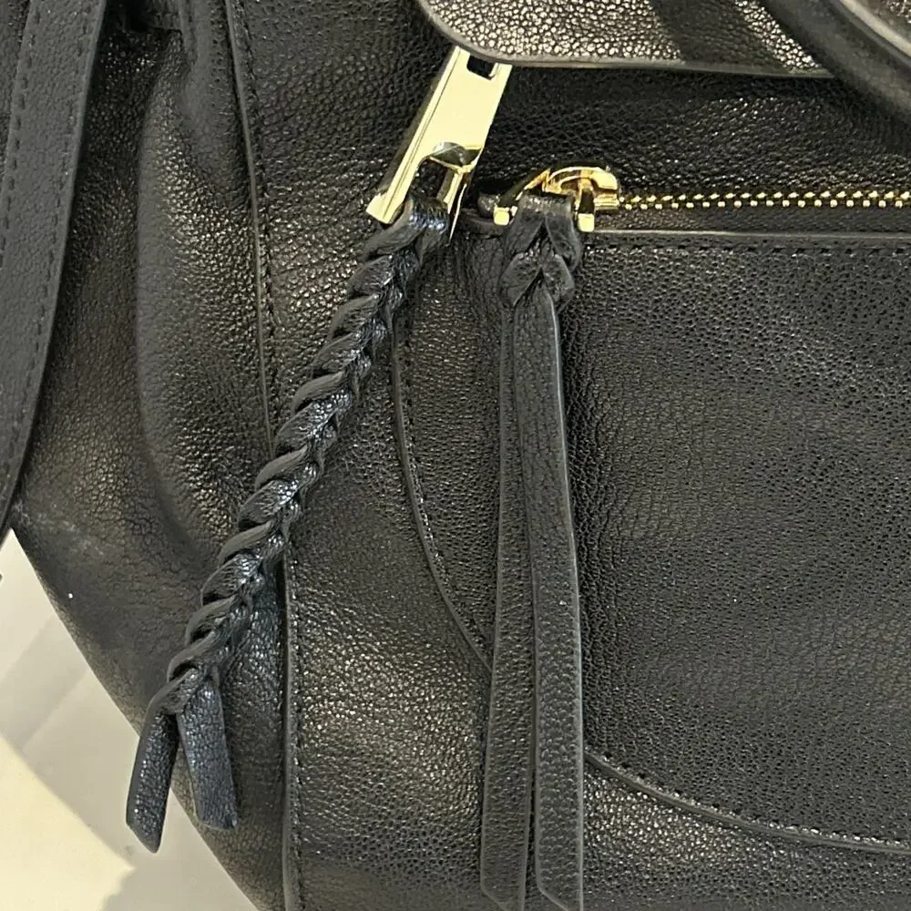 Vince Camuto Black Pebbled Leather Satchel Shoulder Bag with Gold Accents